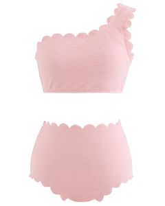 Conjunto de bikini festoneado de un solo hombro en rosa