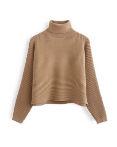 Suéter corto con cuello desbocado de punto acanalado básico en caramelo