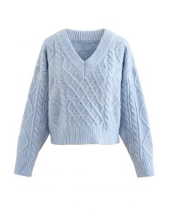 Tie-Back Cable Knit V-Neck Crop Sweater in Blue