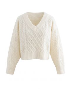 Tie-Back Cable Knit V-Neck Crop Sweater in Cream