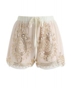 Shinning Perlas Pantalones cortos de gasa con ribetes en crema
